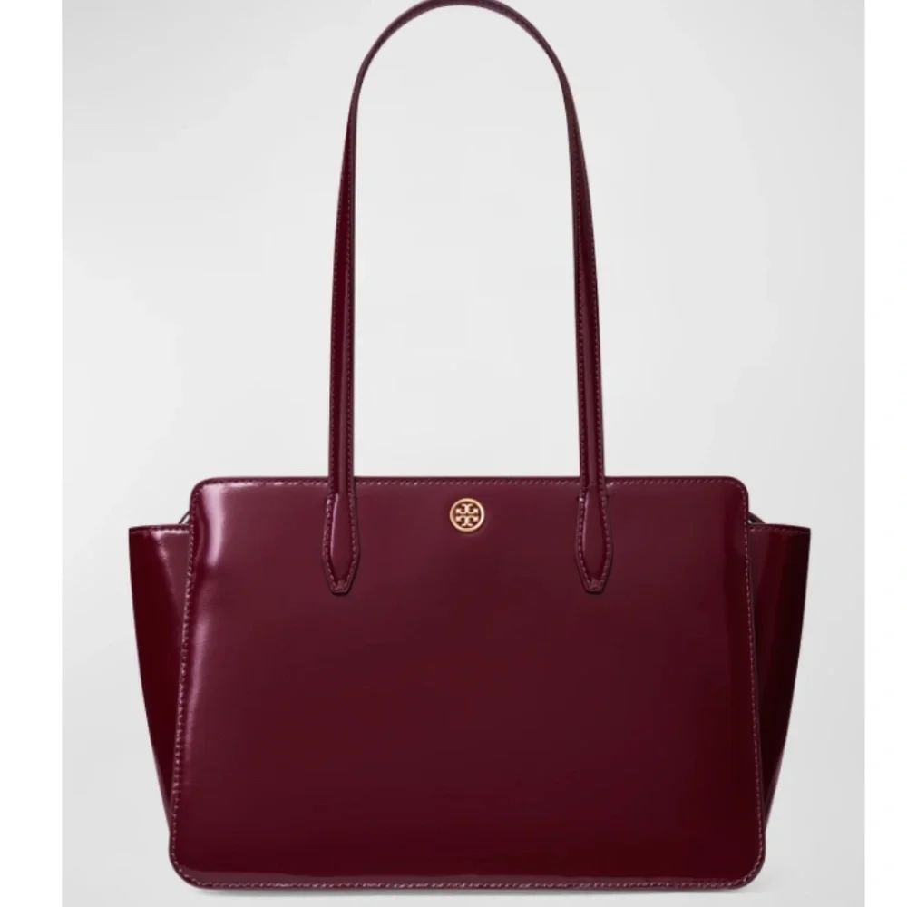 NWT $448 Tory Burch Robinson Small Shiny Leather Tote Bag in Beetle Berry!